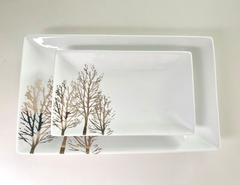 Grace's Teaware Artistic Accents Gold Tree Rectangle Platter Set of 2 New
